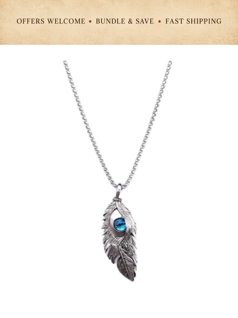 Titanium Steel Feather Eye Necklace Pendant 28" Men's Fashion Jewelry